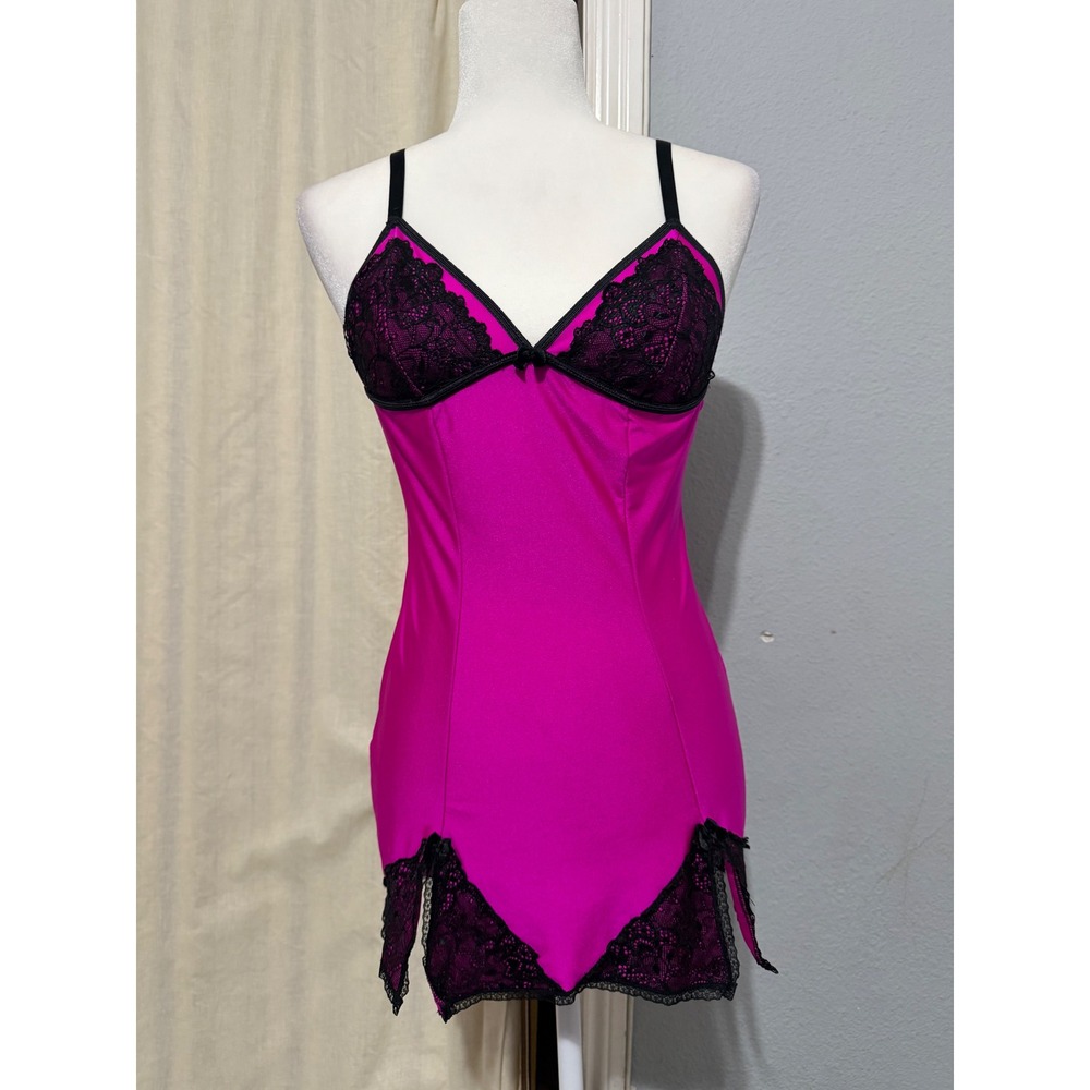Y2K Escante Chemise Size S Magenta Pink Lace Trim Lingerie Slip Nightgown Mini